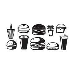Black and White Fast Food Icons Isolated on Transparent PNG Background Ideal for Food Menu Designs or Restaurant Branding