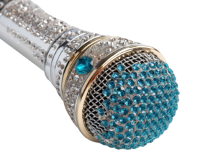 Elegant microphone adorned with blue gemstones for performances on a transparent background, cut out