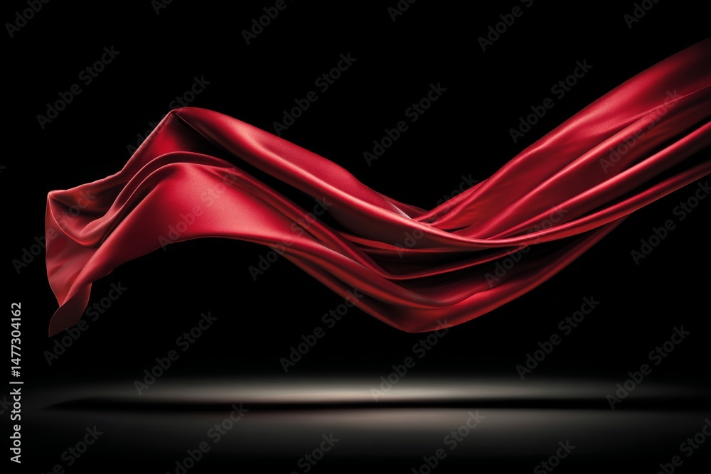 Poster Flowing red silk fabric gracefully undulating against a dark background, creating a dramatic visual effect with smooth curves and shadows