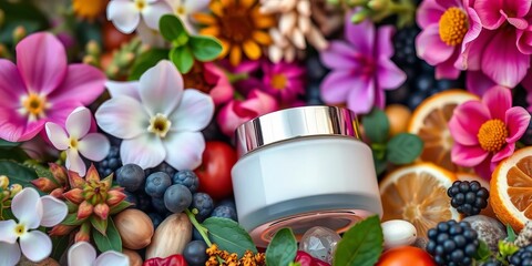 Luxurious skincare cream bottle nestled amongst fresh botanicals and vitamins,  ingredients,  lotion