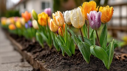 Colorful tulips in row