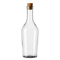 Clear glass bottle with a cork stopper. Transparent vessel on black backdrop