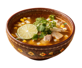 Delicious Mexican pozole soup topped with lime and cilantro on a transparent background, cut out