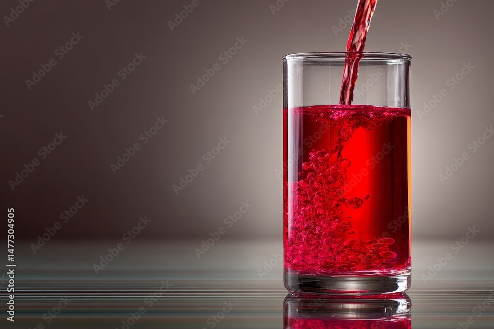 Poster Refreshing red beverage being poured into a glass creating bubbling effervescence at a modern indoor setting