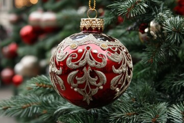 Decorative red ornament hanging on pine tree during holiday season