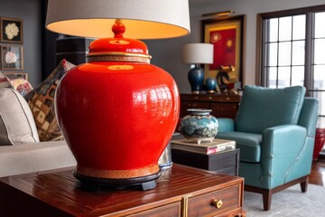 Elegant interior design featuring a striking red lamp in a cozy living room setting with blue armchair and decorative accents