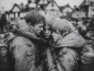 a close-up shot of individuals helping each other in the aftermath of a massive explosion, highlighting their expressions of concern and solidarity.