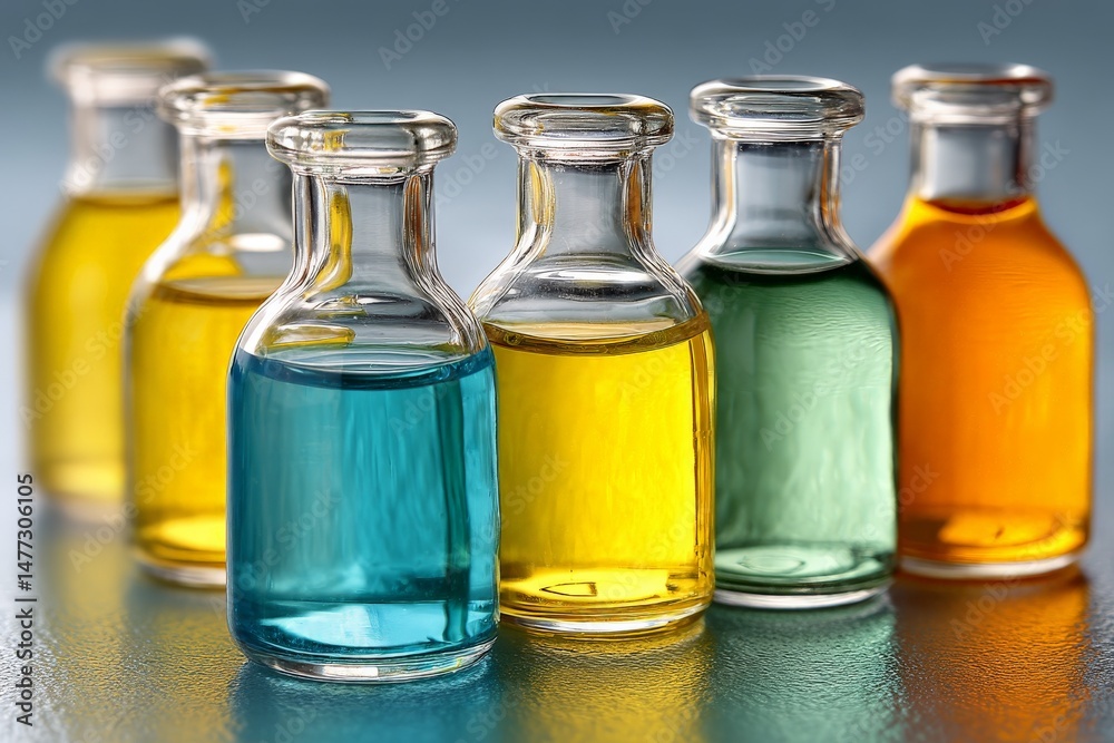 Poster colorful glass bottles filled with liquids arranged on a reflective surface in a bright setting