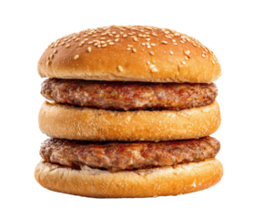 Juicy double burger stacked with two beef patties and sesame bun on a transparent background, cut out