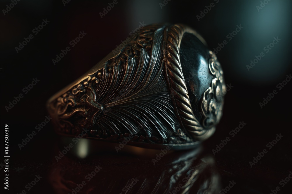 Poster intricate silver ring featuring floral design displayed on dark surface with subtle reflections