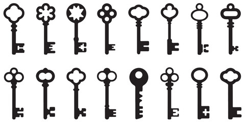 Collection of black vector various Keys Silhouettes, 