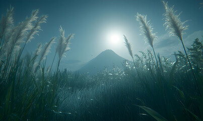 Serene landscape photo showcasing a majestic mountain peak viewed through tall grasses and reeds under a soft, sunlit sky.