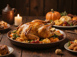 Against a dark brown wood grain background, the focal point is a large platter of roasted turkey placed in the foreground. Arranged alongside it is a lavish Thanksgiving dinner spread.