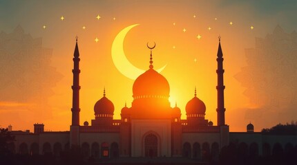 A majestic mosque silhouette stands against a vibrant orange sky with a crescent moon above it.