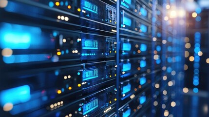 Close-up of illuminated server racks with glowing blue and orange lights, great for showcasing cloud technology, modern IT systems, or data infrastructure visuals