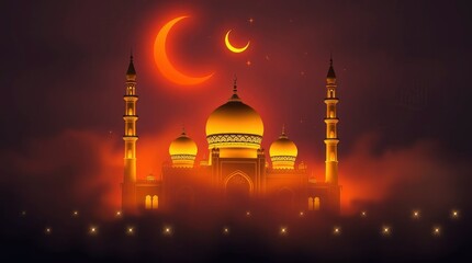 Golden mosque glows beneath crescent moons and twinkling stars, in a warm, mystical atmosphere.