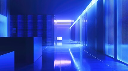 Fototapeta premium Futuristic server room with glowing blue ambient lighting, minimalistic architecture, and sleek reflections, ideal for cloud computing, AI systems, and digital innovation visuals
