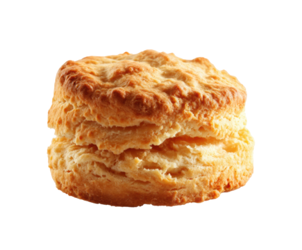 Flaky buttermilk biscuit for breakfast or brunch preparation on a transparent background, cut out
