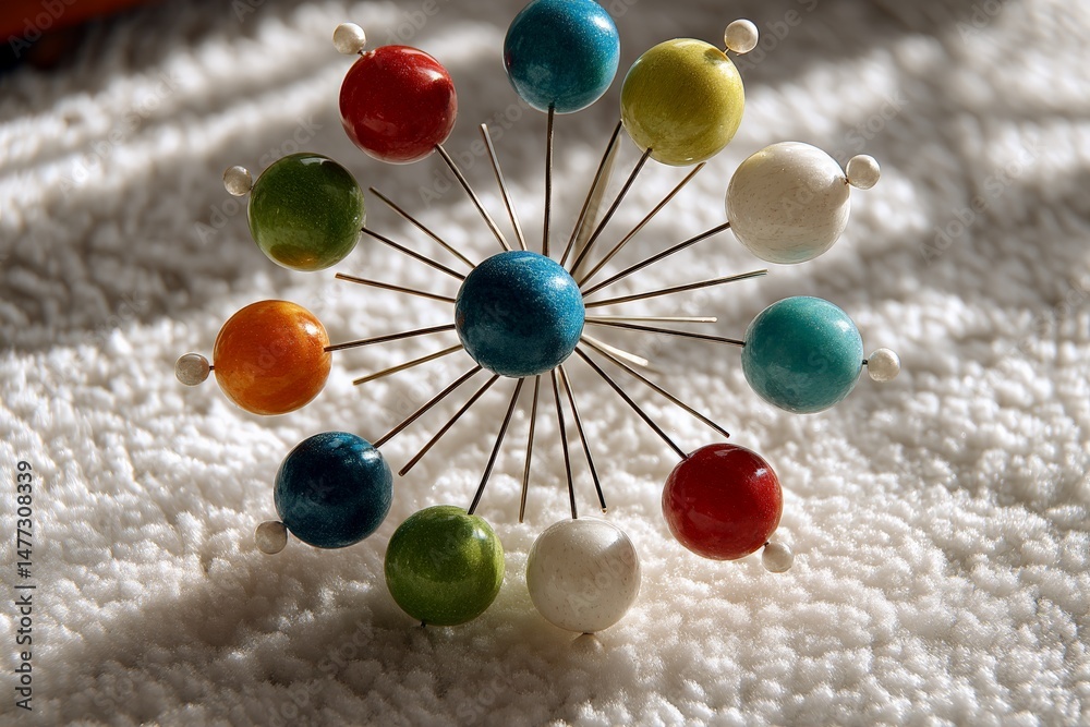 Poster colorful decorative pins arranged in a circular pattern on a textured white surface during daylight