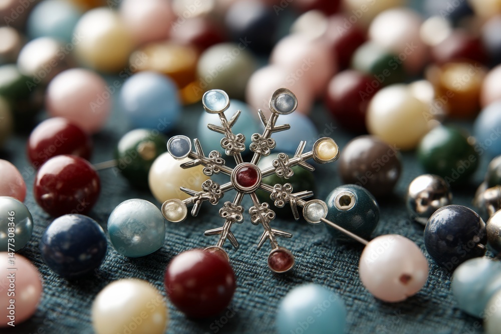 Poster beautiful snowflake ornament surrounded by colorful decorative beads on an elegant fabric background
