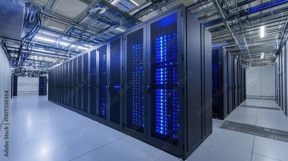 Poster sleek, high-security server room with rows of black server cabinets and blue indicator lights, suita