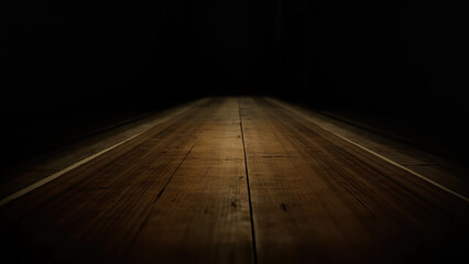 Obraz premium Dark wooden floor perspective view in shadow with dramatic lighting for backgrounds