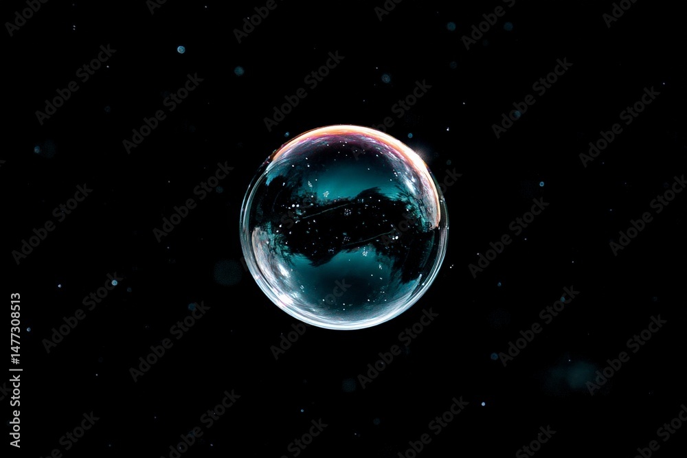 Poster Floating bubble in dark space with reflections and sparkling details creating a mesmerizing visual effect