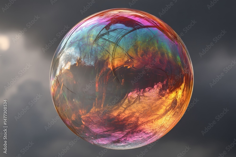 Poster colorful soap bubble floating in the sky during a cloudy day