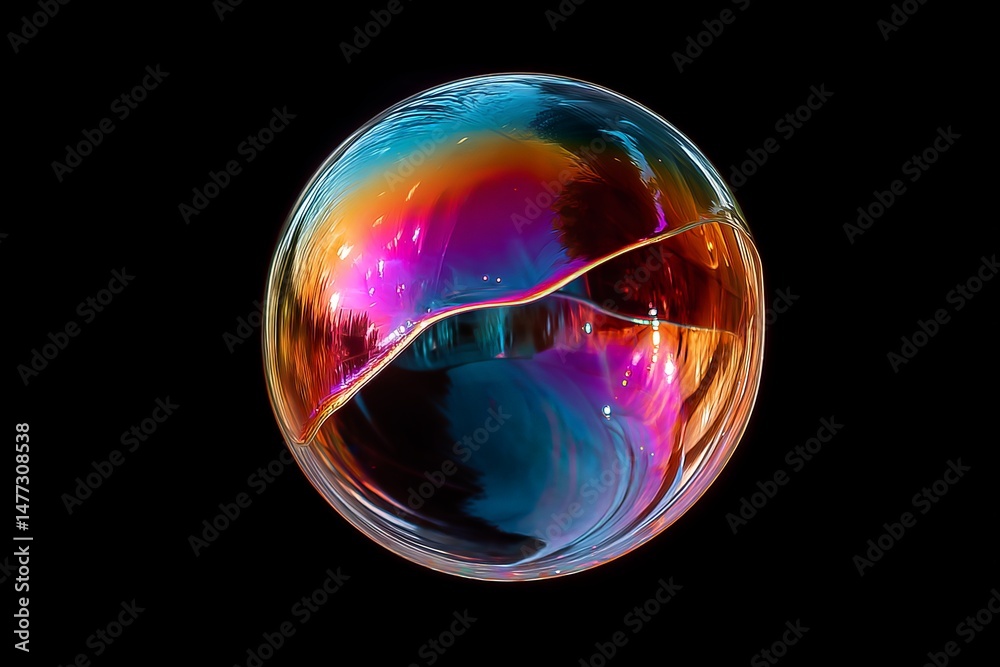 Poster Colorful soap bubble floating against a dark background reflecting vibrant hues and intriguing shapes of light