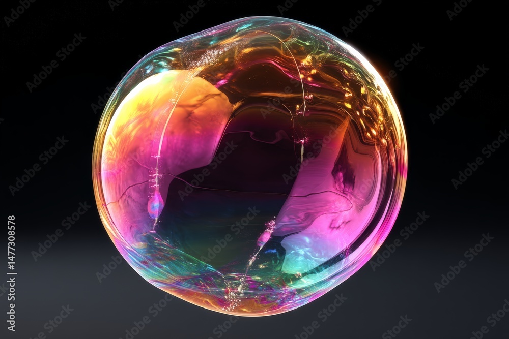 Poster Colorful soap bubble floating against a dark background with vibrant reflections and intricate surface patterns