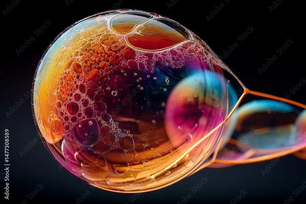 Poster Captivating close-up of a soap bubble showcasing vibrant colors and intricate reflections in a dark background