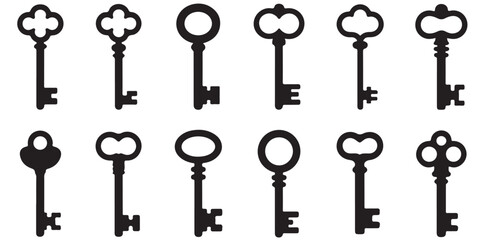 Collection of black vector various Keys Silhouettes, 