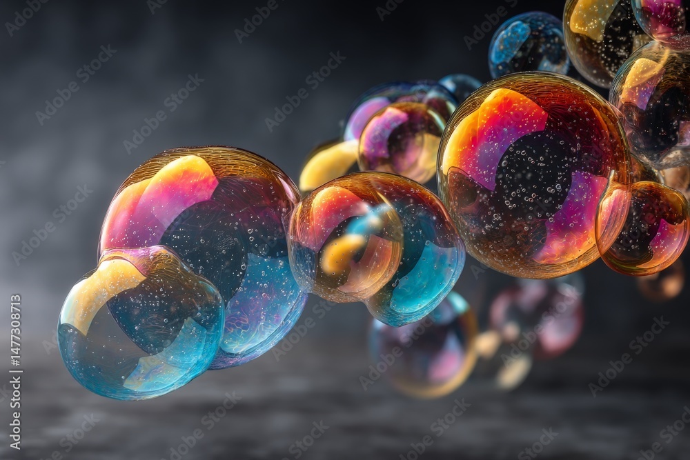 Poster Colorful bubbles reflecting light in a creative display over a dark background during an artistic session