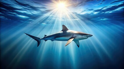Obraz premium Oceanic Apex Predator Silhouetted Against Sunbeams in Deep Blue Water