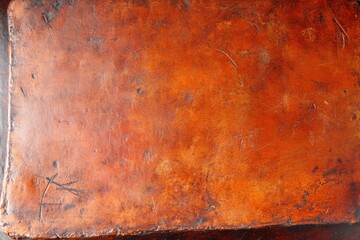 Aged, reddish-brown leather cover, showing signs of wear and time.  Intricate texture, with visible lines and marks