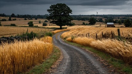 Country road through golden grain fields