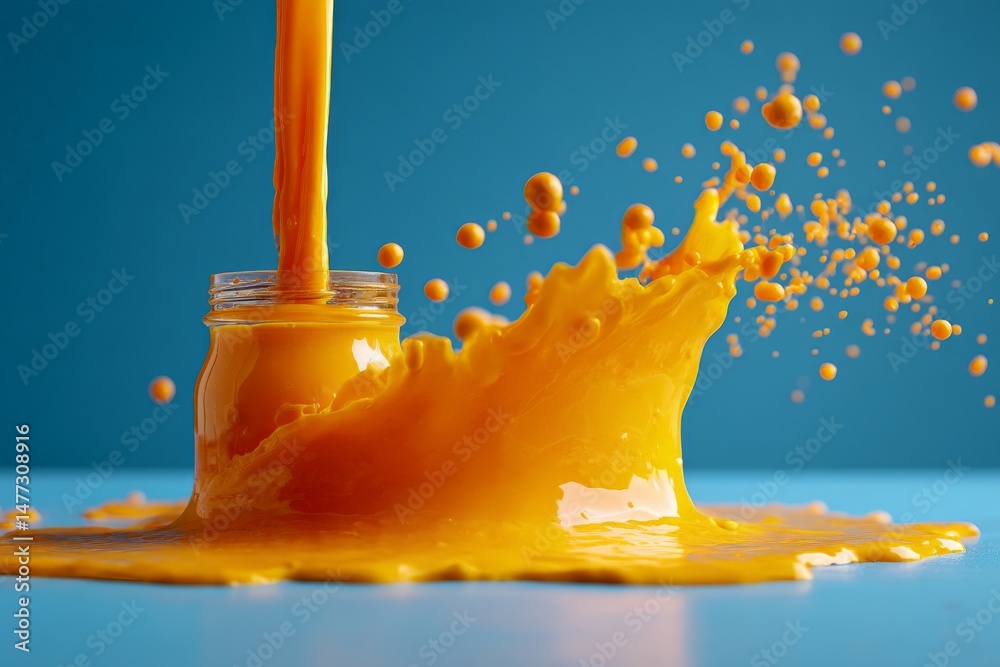 Poster vivid orange liquid splashes from a jar against a bright blue background in a creative artistic disp