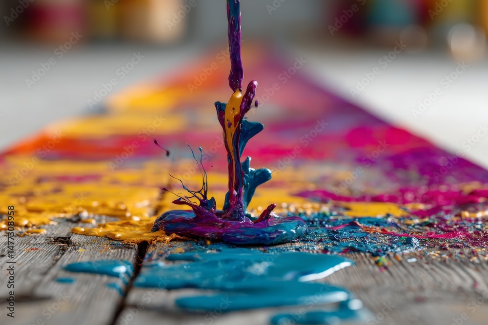 Leinwandbilder vibrant paint splashes create colorful patterns on a wooden surface during an art session