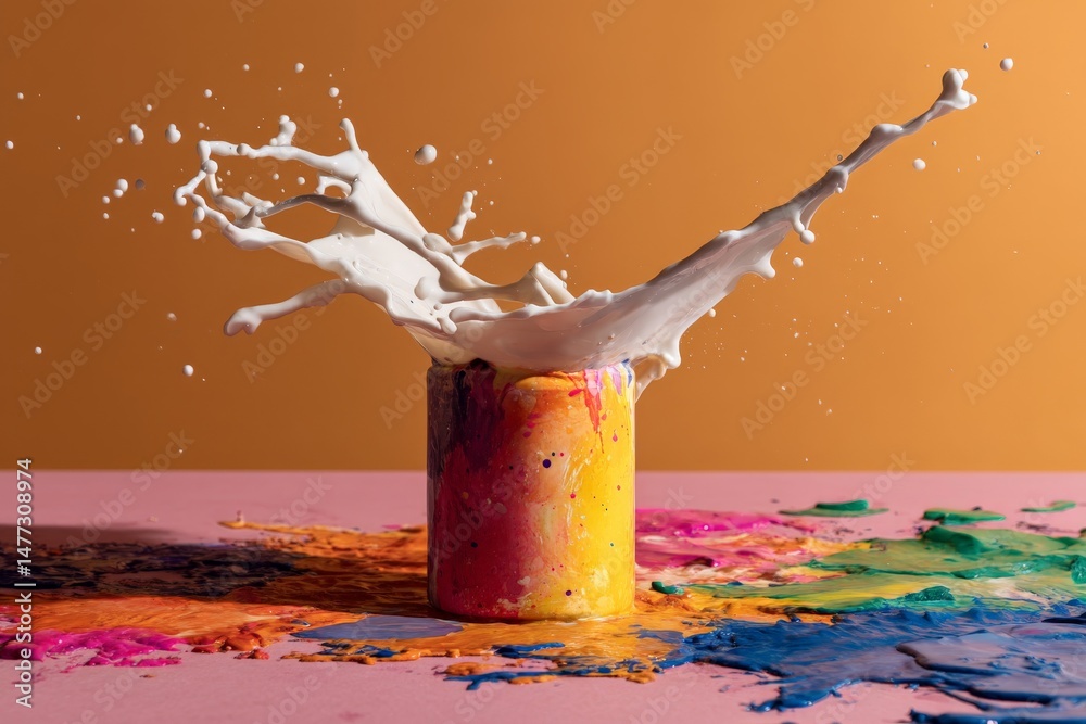 Poster Colorful paint splashes from a can on a vibrant surface during an artistic creation session in a studio