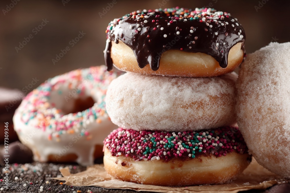 Poster delicious stack of colorful donuts decorated with sprinkles and icing sitting on parchment paper