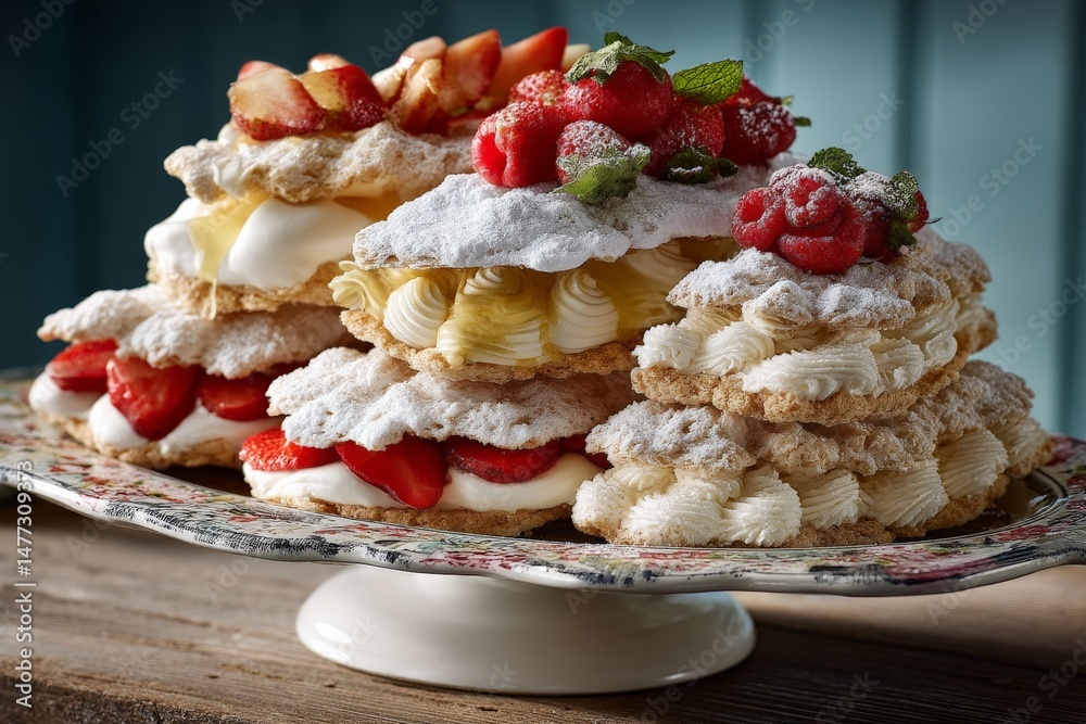 Poster Layers of delicate pastry topped with fresh fruit and cream create an inviting dessert display