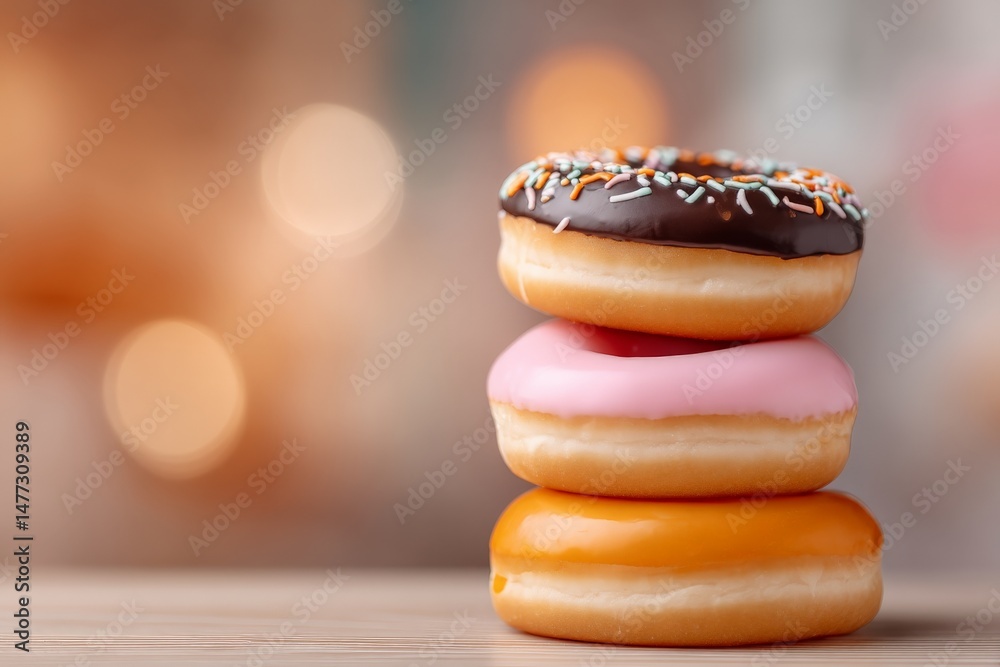 Poster colorful donuts stacked on a table with a blurred background during a cozy gathering