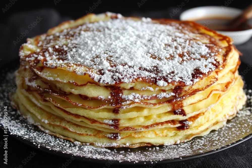 Poster stacked pancakes with powdered sugar and syrup on a dark plate ready for breakfast
