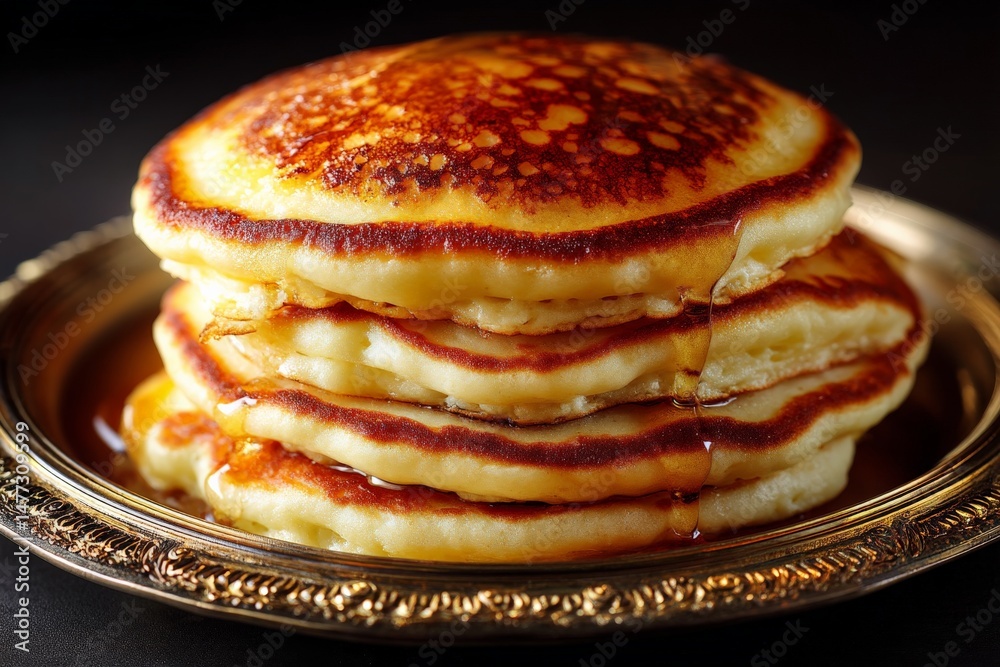Poster stack of fluffy pancakes drizzled with syrup on a decorative plate at a cozy breakfast setting