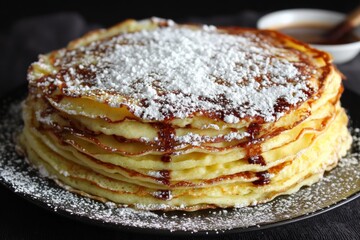 Stacked pancakes with powdered sugar and syrup on a dark plate ready for breakfast