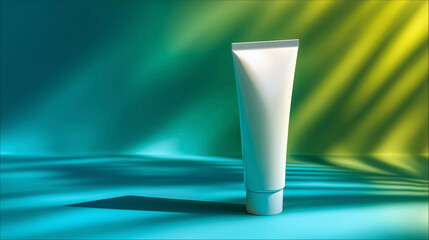 南国のような光が差す幻想的な背景に立つ白いチューブ（美容・コスメ・UV・日焼け止め・スキンケア・夏）