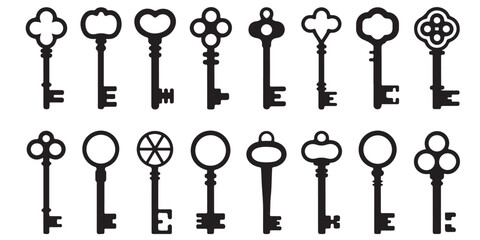 Collection of black vector various Keys Silhouettes, 