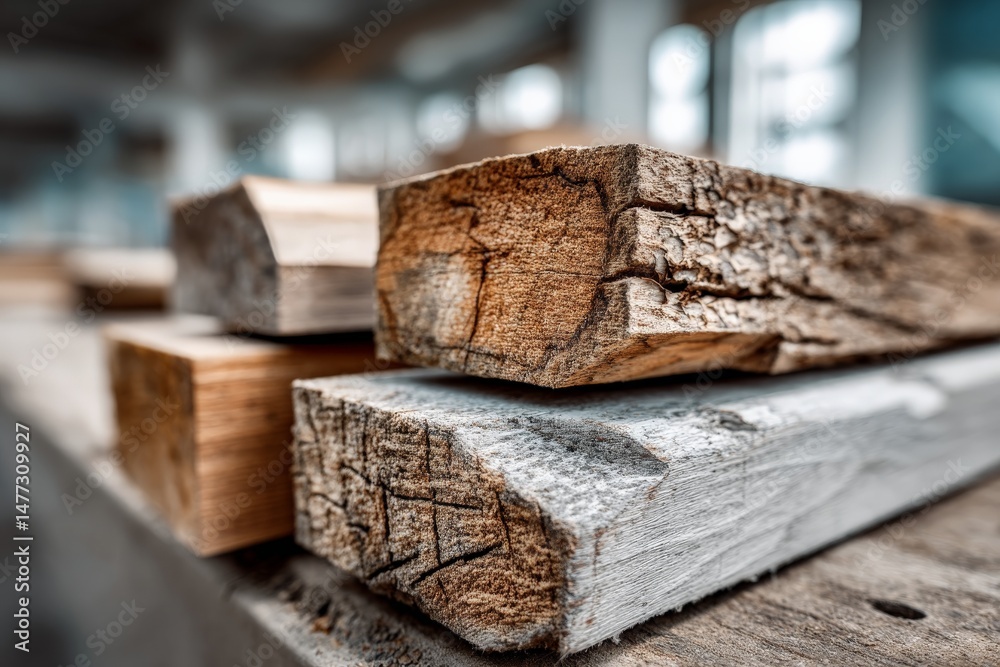 Poster craftsmanship and texture of wooden planks in a bright workshop during the day