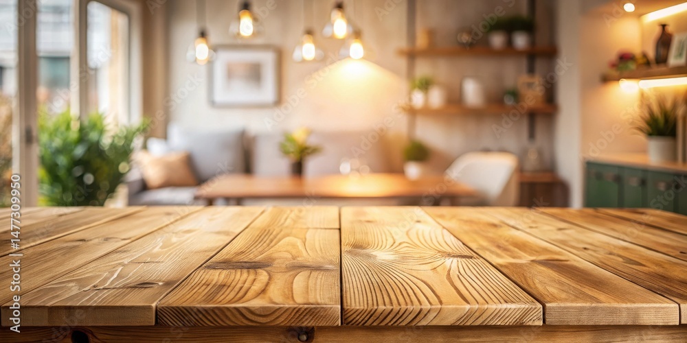 Aufkleber rustic wooden table top in a warm and inviting living room setting with blurred background of comfor