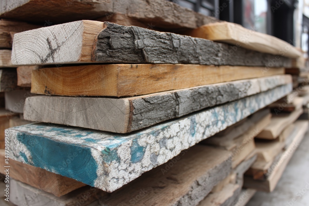 Poster wood materials stacked for woodworking projects in a workshop seen during daylight hours